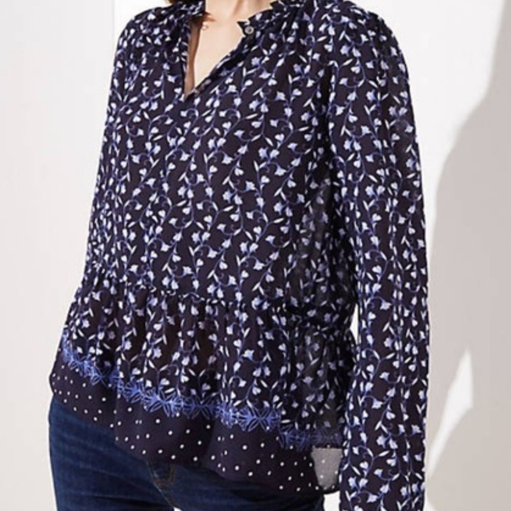 Loft floral dot peplum long sleeve peasant boho blouse ruffle split neck top